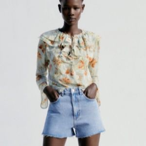 Zara Jacquard Printed Blouse in Sea Green Size XS